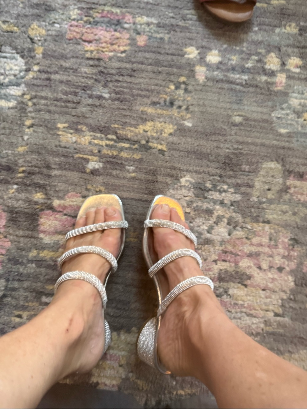 Jones NY Women's Silver Three-Strap Rhinestone Slide Heels